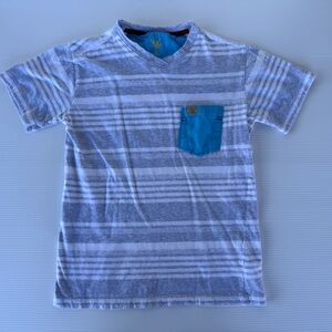Buzz Cuts Boys Sz L 14-16 Gray White Striped Shirt Blue Pocket V Neck Casual Tee